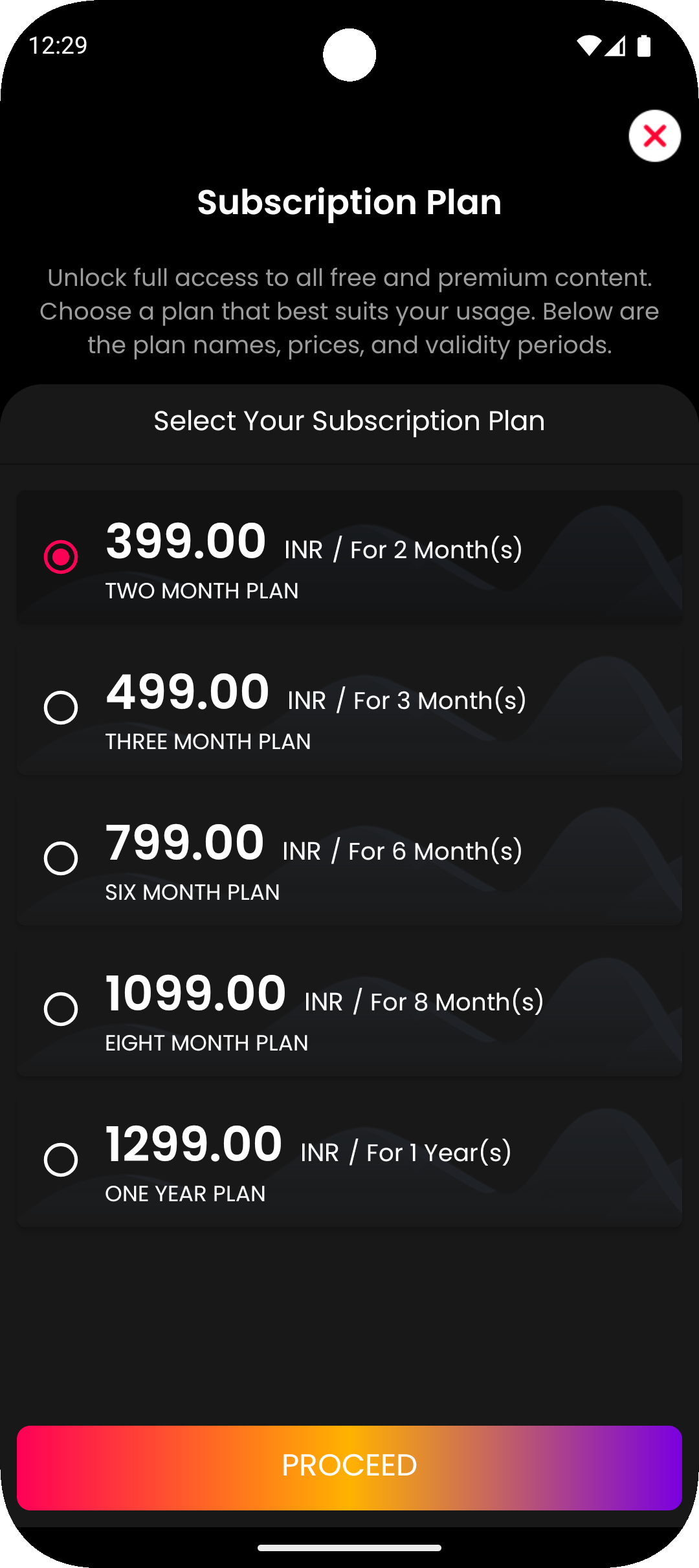 MoodPrime APK Screenshot - Subscription Plan Page